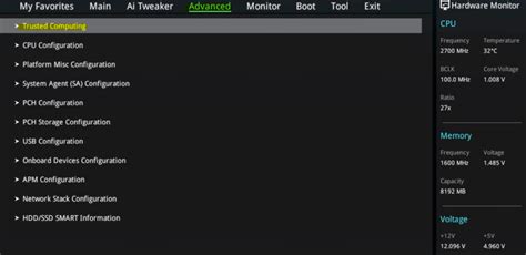 Включение TPM 2.0 в BIOS на материнской плате Asus